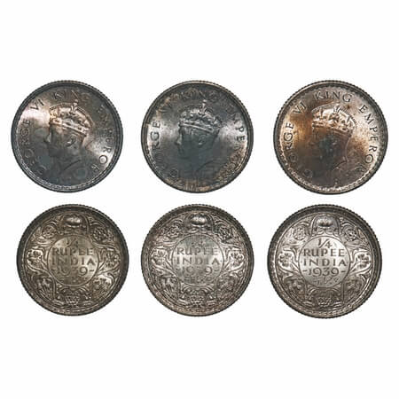 George VI, Silver, 1/4 Rupee, 1939, (3 coins), 1 & 2) Bombay Mint, Head Type I, Rev I, Dot