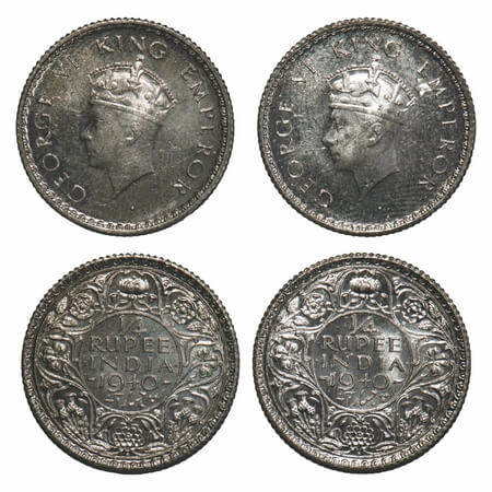 George VI, Half Silver, 1/4 Rupee, 1940, (2 coins), Bombay Mint, Head Type I, Rev I, Dot, 