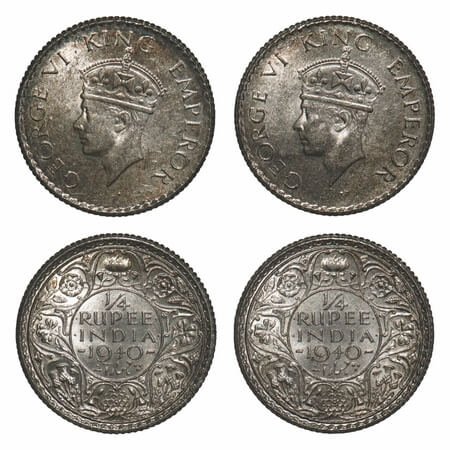 George VI, Half Silver, 1/4 Rupee, 1940, (2 coins), Calcutta Mint, Head Type II, Rev I, No