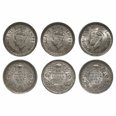 George VI, Half Silver, 1/4 Rupee, 1943, (3 coins), Bombay Mint, 1) Head Type II, Rev II, 