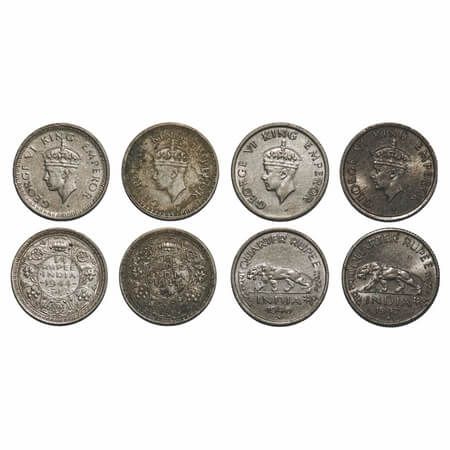 George VI, Mixmetal, 1/4 Rupee, (4 coins), Bombay Mint, 1) 1944, Half Silver, Head Type II
