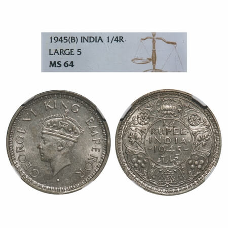 George VI, Half Silver, 1/4 Rupee, 1945, Bombay Mint, Head Type II, Rev II, Dot, Security 