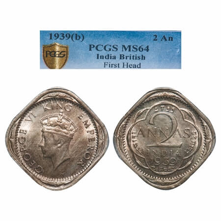 George VI, Copper-Nickel, 2 Anna, 1939, Bombay Mint, Head Type I, Dots by year. F. Prid 91
