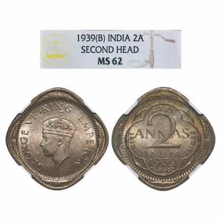 George VI, Copper-Nickel, 2 Anna, 1939, Bombay Mint, Head Type II, Dots by year. F. Prid 9