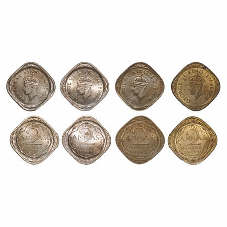 George VI, Mixmetal, 2 Anna, (4 coins), 1) 1940, Copper-Nickel, Calcutta Mint, head Type I