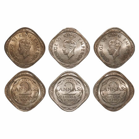 George VI, Mixmetal, 2 Anna, (3 coins), 1) 1945, Nickel-Brass, Bombay Mint, Head Type II, 