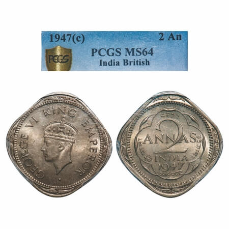 George VI, Copper-Nickel, 2 Annas, 1947, Calcutta Mint, Head Type II, No dots by year. F. 