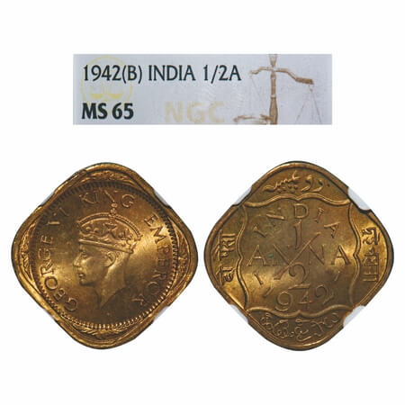 George VI, Nickel-Brass, 1/2 Anna, 1942, Bombay Mint, No dots by India, Dashes by year. F.