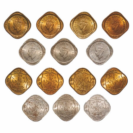 George VI, Mixmetal, 1/2 Anna, (7 coins), 1) 1942, Nickel-Brass, Bombay Mint, Dots by Indi