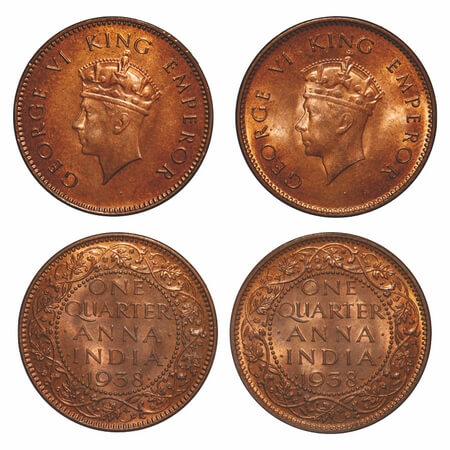 George VI, Bronze, Quarter Anna, 1938, (2 coins), 1) Bombay Mint, Head Type I, Dot, Dots b