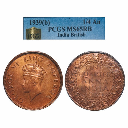 George VI, Bronze, Quarter Anna, 1939, Bombay Mint, Head Type I, Dot. F. Prid 690. GK 1422
