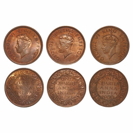 George VI, Bronze, Quarter Anna, 1939, (3 coins), 1) Bombay Mint, Head Type I, Dot, 2) Cal