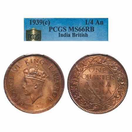 George VI, Bronze, Quarter Anna, 1939, Calcutta Mint, Head Type I, No dot. F. Prid 685. GK