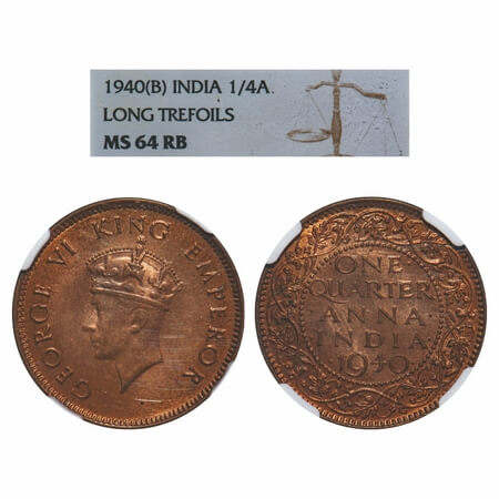George VI, Bronze, Quarter Anna, 1940, Bombay Mint, Head Type I, Dot. F. Prid 691. GK 1425