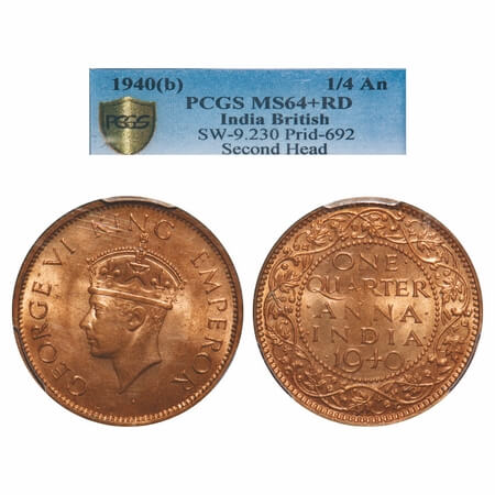 George VI, Bronze, Quarter Anna, 1940, Bombay Mint, Head Type II, Dot. F. Prid 692. GK 142