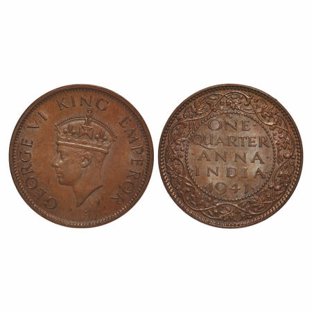 George VI, Bronze, Quarter Anna, 1941, Bombay Mint, Head Type II, Dot. F. Prid 693. GK 142