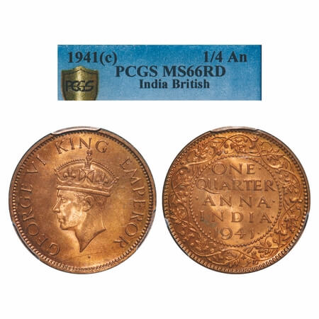 George VI, Bronze, Quarter Anna, 1941, Calcutta Mint, Head Type II, No dot. F. Prid 687. G