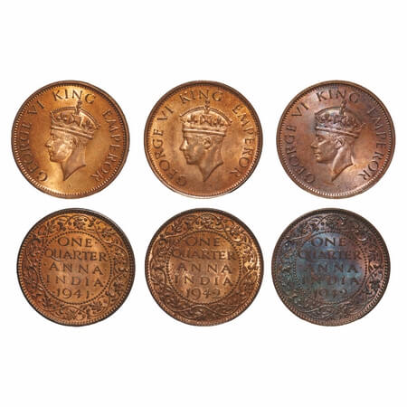 George VI, Bronze, Quarter Anna, (3 coins), 1) 1941,Calcutta Mint, Head Type II, No dot, 2
