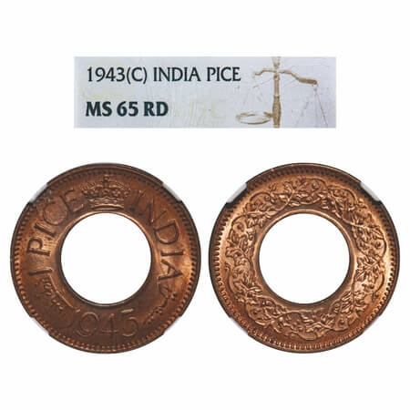 George VI, Bronze, 1 Pice, 1943, Calcutta Mint, No dot. Paul Steven & Randy Weir 9.236 typ