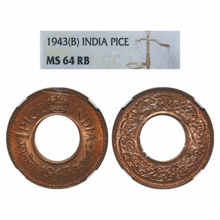 George VI, Bronze, 1 Pice, 1943, Bombay Mint, Round Crown, Diamond. F. Prid 700. GK 1432. 