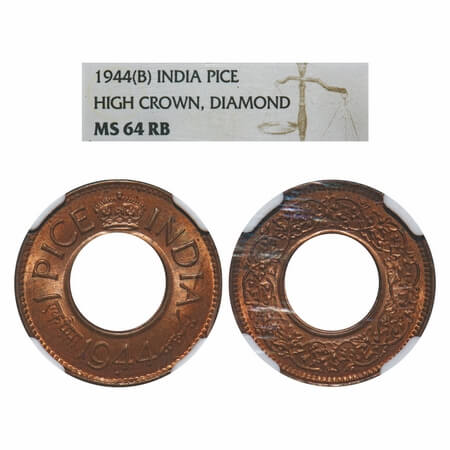 George VI, Bronze, 1 Pice, 1944, Bombay Mint, High Crown, Diamond. F. Prid 701. GK 1436. N