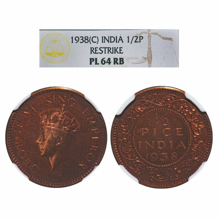 George VI, Bronze, 1/2 Pice, 1938, Calcutta Mint, Head Type I, No dot. Paul Steven & Randy