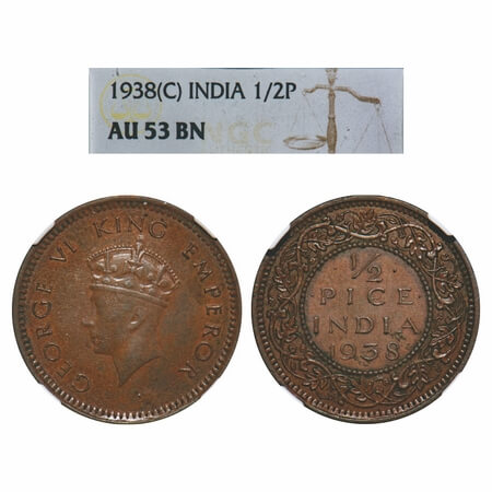 George VI, Bronze, 1/2 Pice, 1938, Calcutta Mint, Head Type I, No dot. F. Prid Unlisted. G