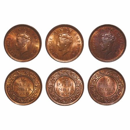 George VI, Bronze, 1/2 Pice, (3 coins), 1) 1939, Bombay Mint, Head Type I, Dot, 2) 1939, C