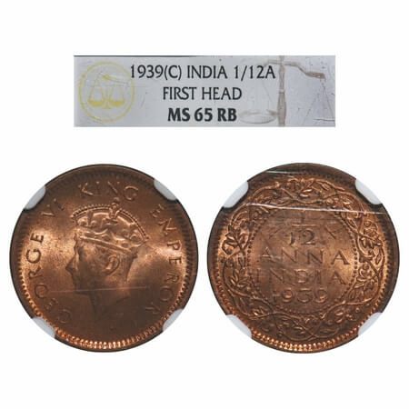 George VI, Bronze, 1/12 Anna, 1939, Calcutta Mint, Head Type I, No dot. F. Prid 859. GK 14