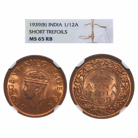 George VI, Bronze, 1/12 Anna, 1939, Bombay Mint, Head Type II, Dot. F. Prid 859. GK 1455. 