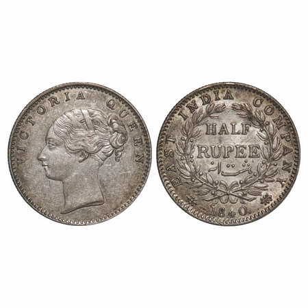 Victoria Queen, Silver, Half Rupee, 1840, (24.33 - 24.36 mm.), CL, Calcutta Mint, A/I, Eng