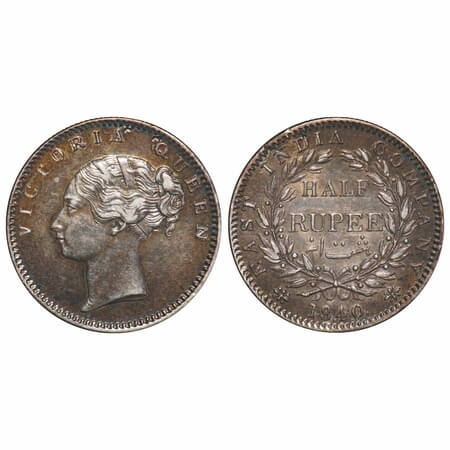 Victoria Queen, Silver, Half Rupee, 1840, (24.5 - 24.53 mm), CL, Bombay Mint, A/I, English