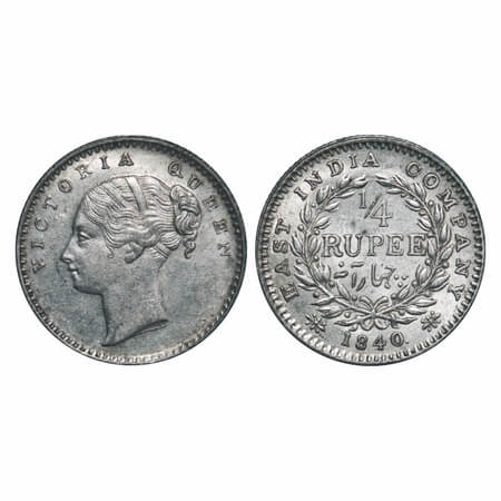 Victoria Queen, Silver, 1/4 Rupee, (19.37mm), 1840, CL, Calcutta Mint, A/I, English Head, 