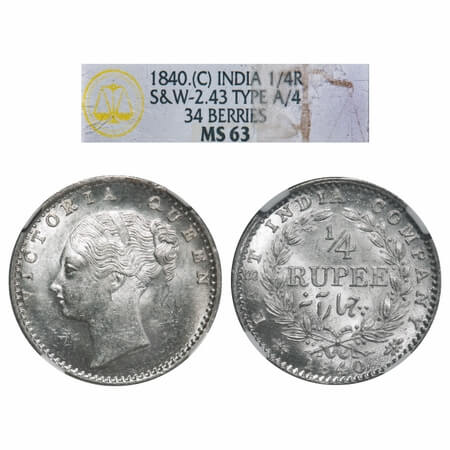 Victoria Queen, Silver, 1/4 Rupee, 1840, CL, Calcutta Mint, C/II, Indian Head, Wreath with