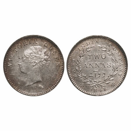 Victoria Queen, Silver, 2 Annas, 1841, (15.30mm), CL, Calcutta Mint, A(a)/I, With curl of 