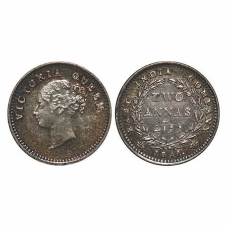 Victoria Queen, Silver, 2 Annas, 1841, CL, Madras Mint, A(a)/I, 'S' incused and 'V' raised