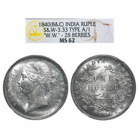 Victoria Queen, Silver, Rupee, 1840, DL, Calcutta Mint, W.W. raised, Wreath with 28 Berrie