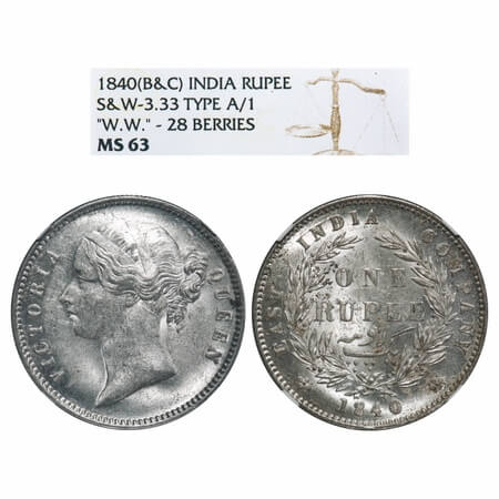Victoria Queen, Silver, Rupee, 1840, DL, Calcutta Mint, W.W. raised, Wreath with 28 Berrie