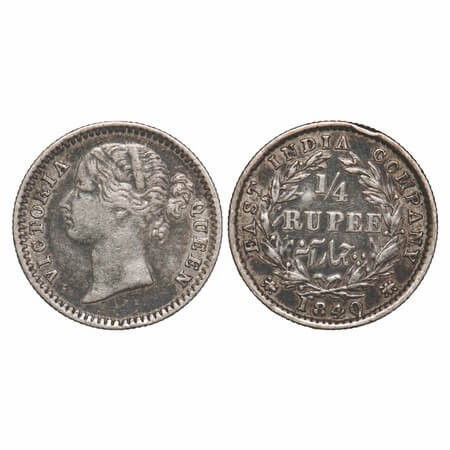 Victoria Queen, Silver, 1/4 Rupee, 1840, DL, Bombay Mint, W.W. raised, Wreath with 10 Berr