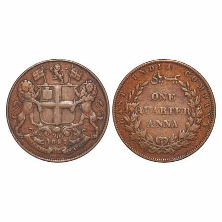 Victoria Queen, Copper, Quarter Anna, 1857, R. Heaton & Sons., Birmingham Mint, Single lea