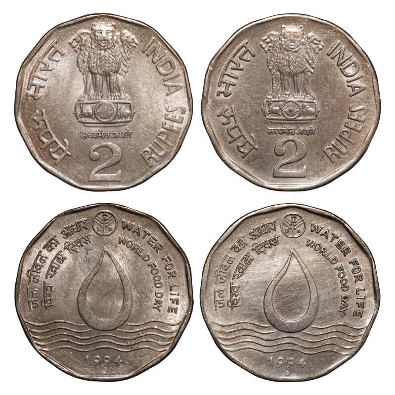 2 Rupees, (2 Coins), 1994, Cu-Ni, Water For Life, Calcutta Mint, 1) 2A obv. 2) 2B obv, die