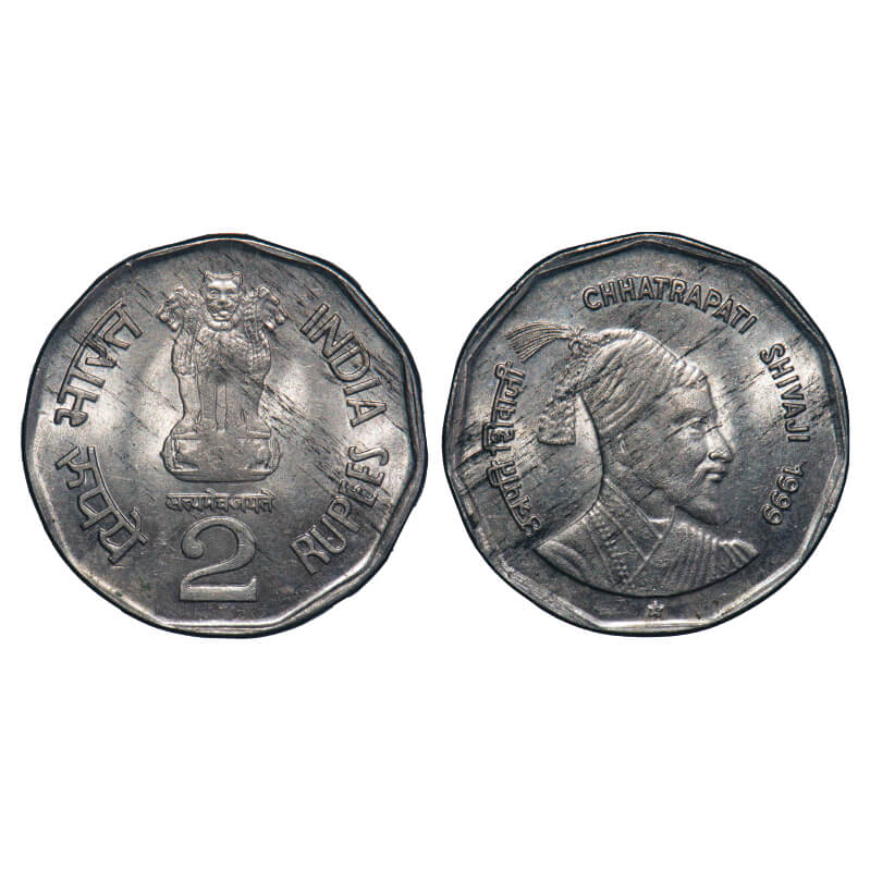 2 Rupees, 1999, Cu-Nic, Chhatrapati Shivaji, Hyderabad Mint. Uncirculated details. Rare.