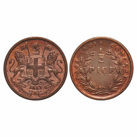 Victoria Queen, Copper, 1/2 Pice, 1853, Calcutta Mint, B/I, Elongated beads above year num