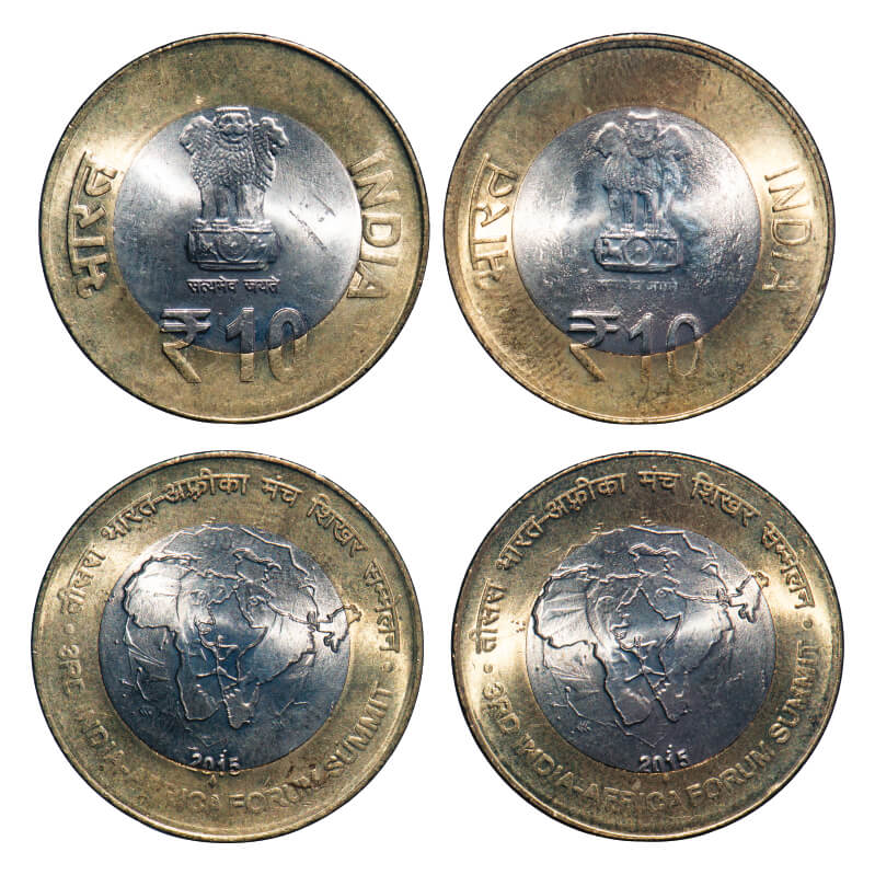 10 Rupees, (2 Coins), 2016. Bimetal, 3rd India Africa Forum Summit Bombay Mint, 1) Thin le