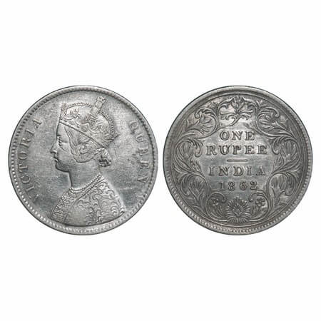 Victoria Queen, Silver, Rupee, 1862, Calcutta Mint, A/II(i), With initial 'J', Buds with 4
