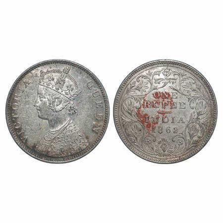Victoria Queen, Silver, Rupee, 1862, Calcutta Mint, A/II(v), w/o initial 'J', With 1 Pinea