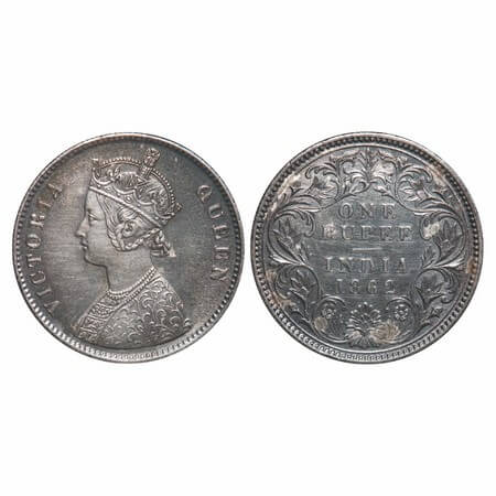 Victoria Queen, Silver, Rupee, 1862, Calcutta Mint, A/III, w/o initial 'J'. F. Prid 65. GK