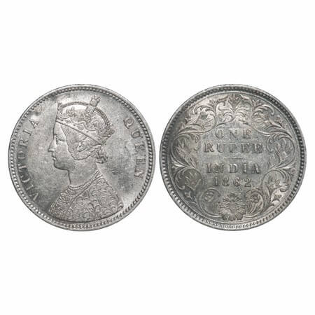 Victoria Queen, Silver, Rupee, 1862, Calcutta Mint, A/III, w/o initial 'J'. F. Prid 65. GK