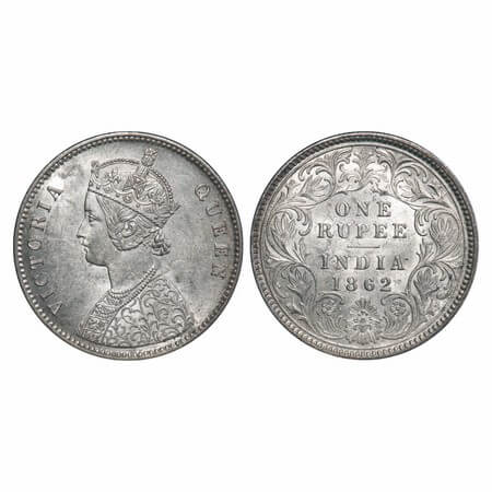 Victoria Queen, Silver, Rupee, 1862, Calcutta Mint, A/I, With initial 'J'. F. Prid 66. GK 