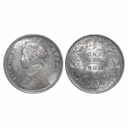 Victoria Queen, Silver, Rupee, 1862, Calcutta Mint, A/I, With initial 'J'. F. Prid 66. GK 